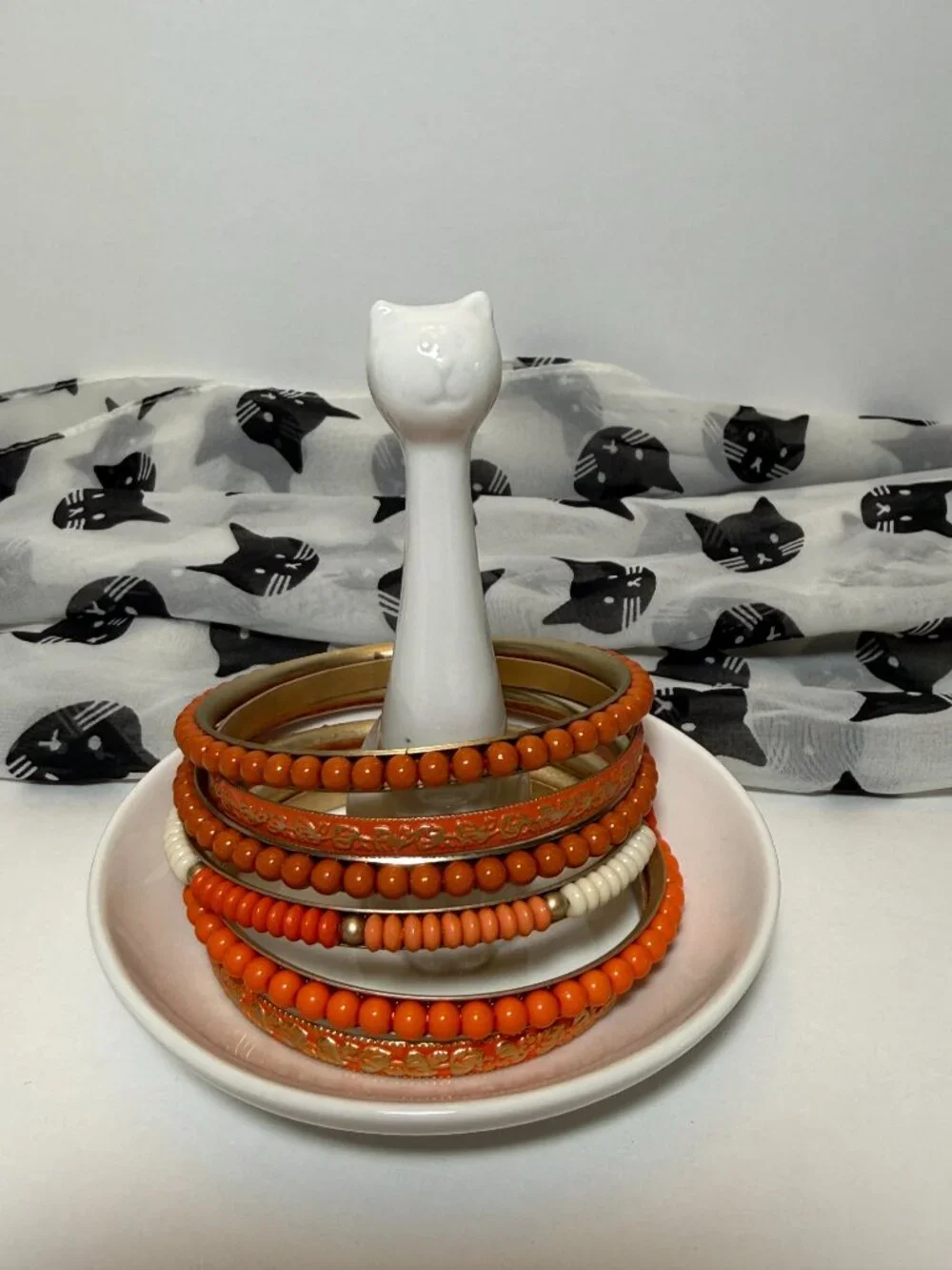 6 Orange Bangles Mix Match Stack Beaded Gold Toned Bracelets